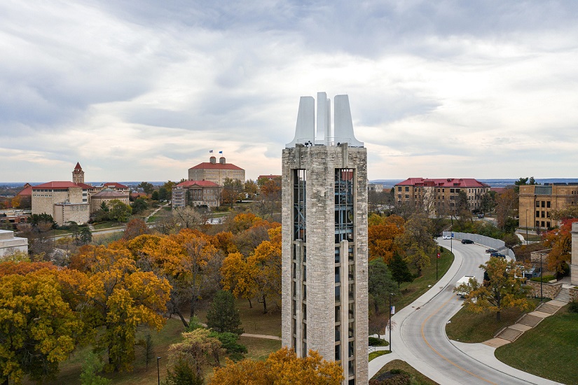 Aerial view of the KU Campanile and surrounding campus in fall