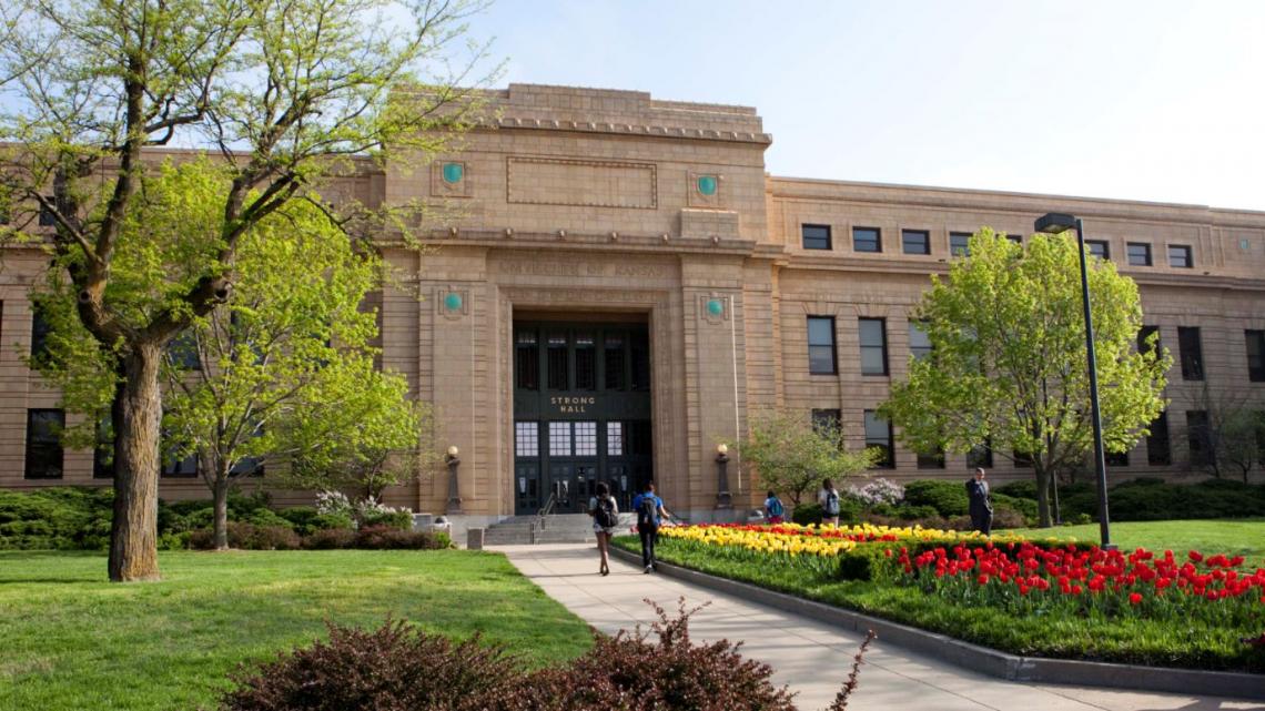 Strong Hall with tulips blooming in spring